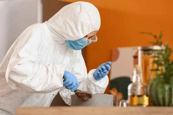 Woman Biohazard Suit Cooking Kitchen — Stock Photo, Image