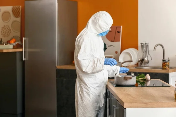 Woman Biohazard Suit Cooking Kitchen — Stock Photo, Image