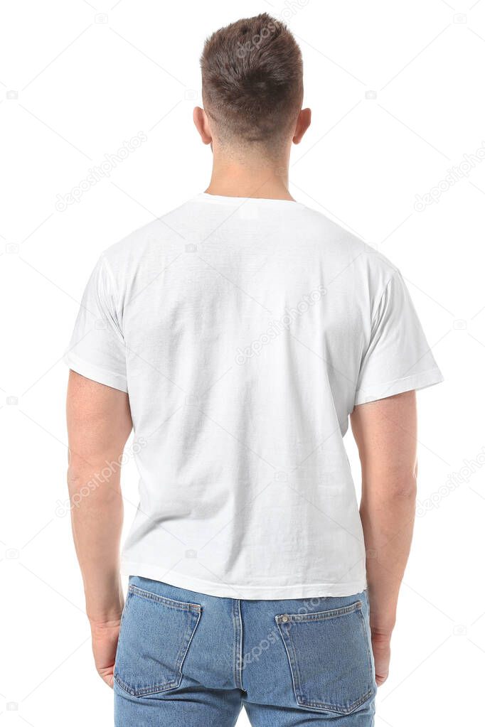 Man in stylish t-shirt on white background