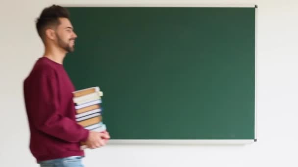 Happy Student Many Books Passing Blackboard Classroom — Stock Video