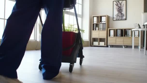 Janitor Carrinho Rodas Com Suprimentos Limpeza Através Escritório — Vídeo de Stock