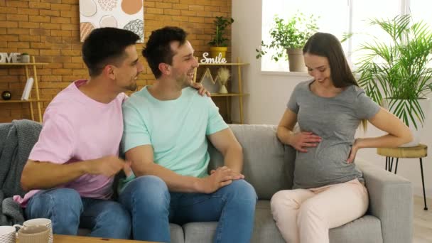 Gay Couple Pregnant Woman Home Surrogate Motherhood Concept — Stock Video