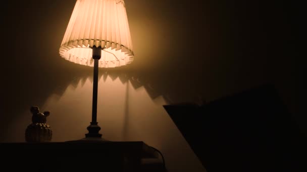 Akşam Evde Kitap Okuduktan Sonra Işığı Kapatan Kadın — Stok video