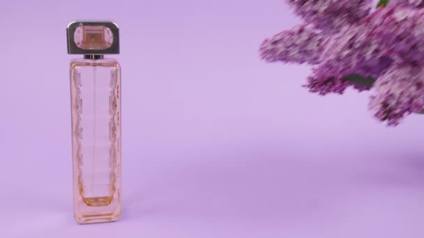 Frasco Perfume Lila Sobre Fondo Color — Vídeos de Stock