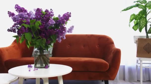 Vase Mit Schönen Lila Blumen Auf Dem Tisch Zimmer — Stockvideo