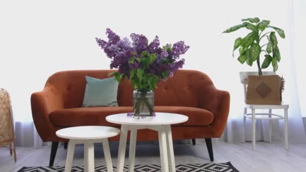 Vaas Met Mooie Lila Bloemen Tafel Kamer — Stockvideo