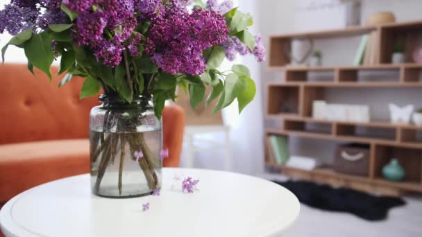 Βάζο Όμορφα Λιλά Λουλούδια Στο Τραπέζι Στο Δωμάτιο — Αρχείο Βίντεο