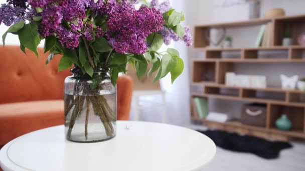 Florero Con Hermosas Flores Lila Mesa Habitación — Vídeos de Stock