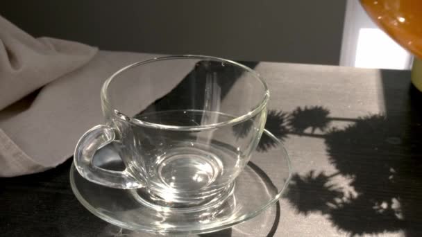将健康的蒲公英茶倒入桌上的杯子中 — 图库视频影像