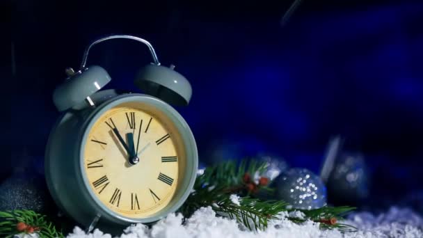 Alarm Clock Falling Snow Dark Color Background — Stock Video