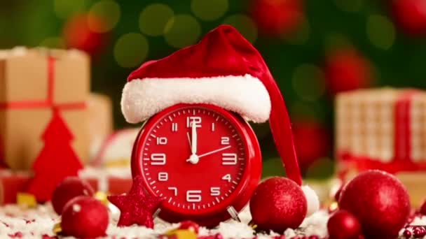 Alarm Clock Falling Snow Santa Claus Hat Christmas Countdown Concept — Stock Video