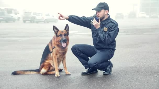 持有双向无线电和警犬巡逻城市街道的男警官 — 图库视频影像