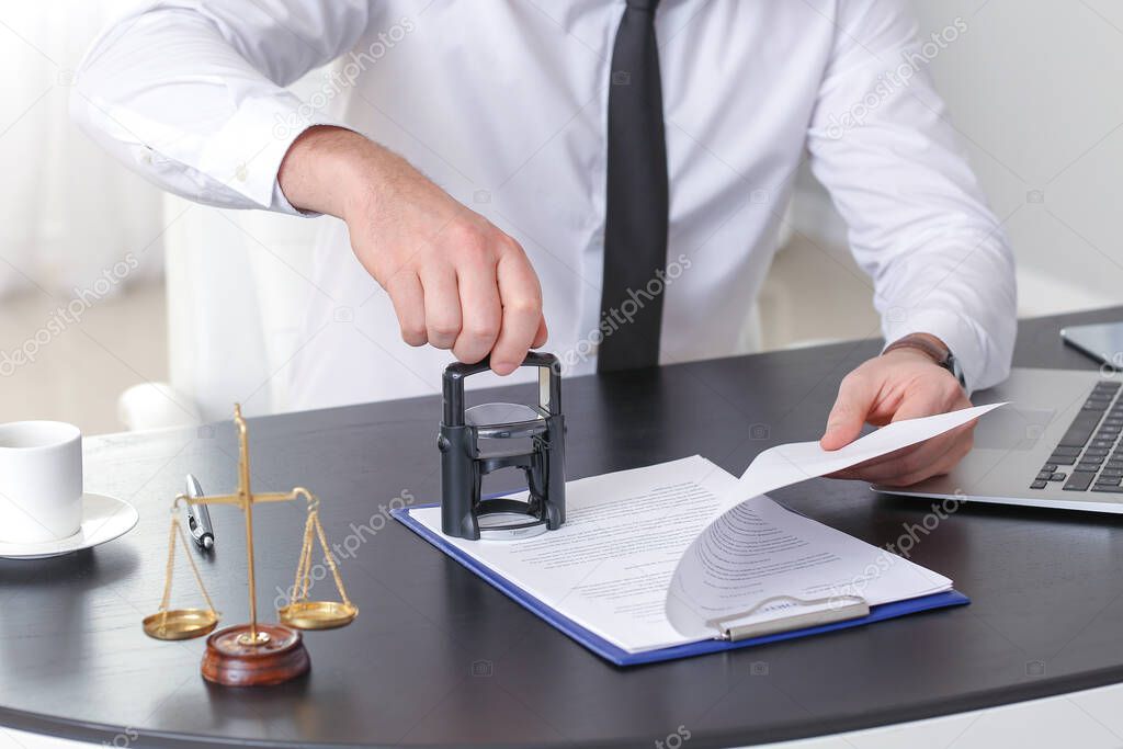 Male lawyer working with document in office