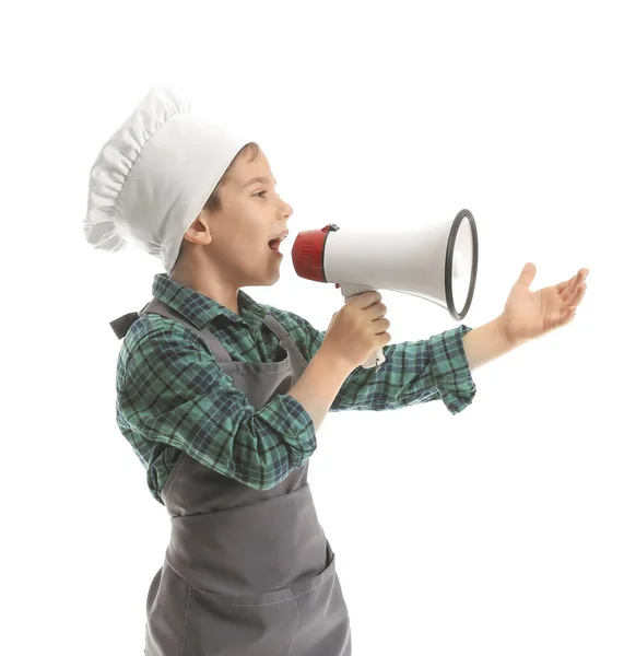 Retrato Pequeno Chef Com Megafone Sobre Fundo Branco — Fotografia de Stock