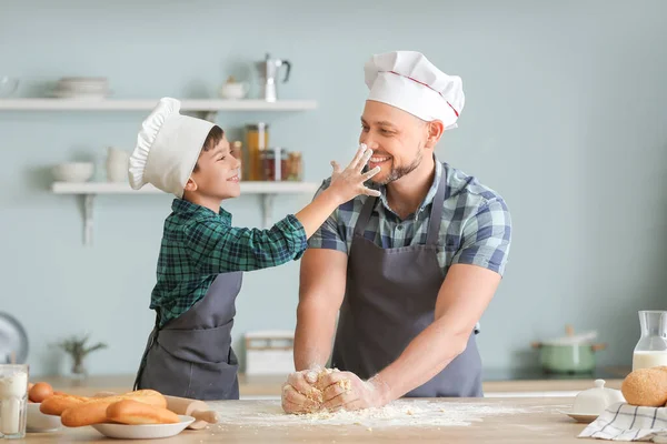 Father His Little Son Cooking Kitchen — Stock Photo, Image