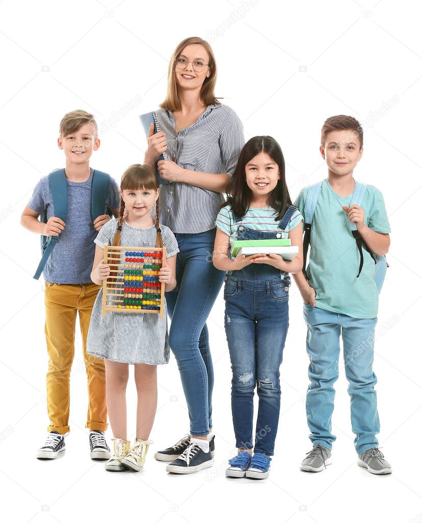 Little pupils with math teacher on white background
