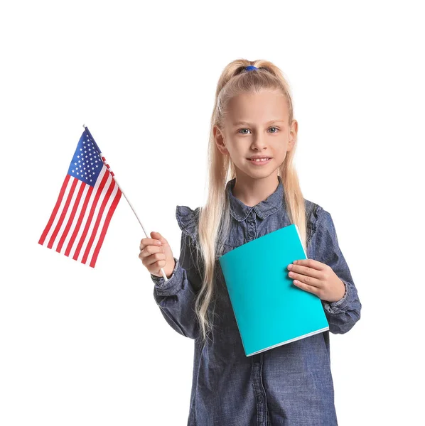 Little pupil of language school on white background