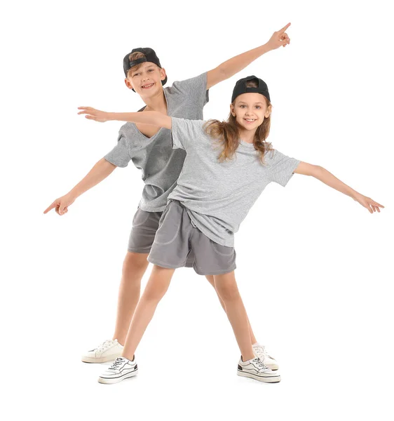 Schattige Kleine Kinderen Dansen Tegen Witte Achtergrond — Stockfoto