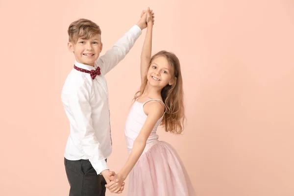 Cute Little Children Dancing Color Wall — Stock Photo, Image