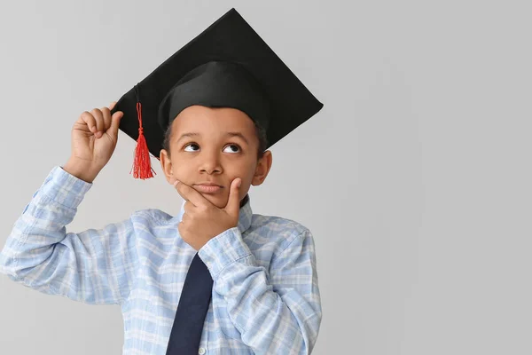 Thoughtful African American Boy Graduation Hat Grey Background — Stock Photo, Image