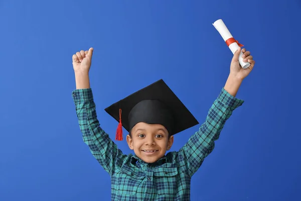 Happy African American Boy Graduation Hat Diploma Color Background — Stock Photo, Image