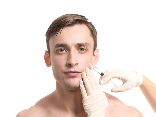 Handsome Man Receiving Filler Injection White Background — Stock Photo, Image