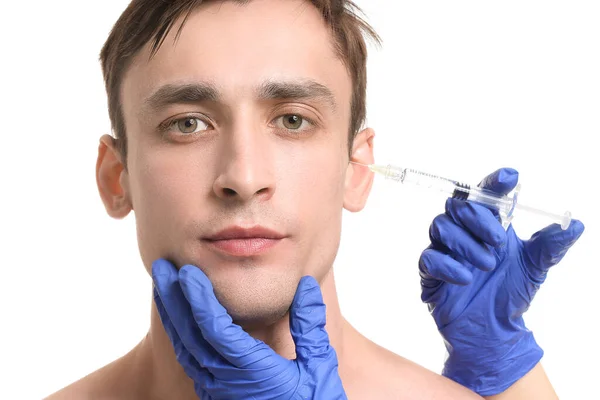 Bonito Homem Recebendo Injeção Enchimento Fundo Branco — Fotografia de Stock