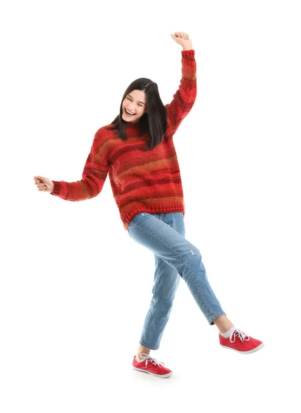 Beautiful Young Woman Dancing White Background — Stock Photo, Image