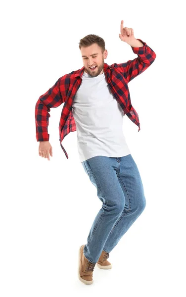 Stilig Ung Man Dansar Mot Vit Bakgrund — Stockfoto