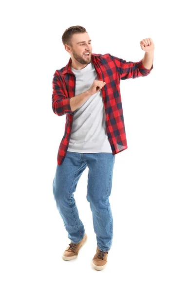 Guapo Joven Bailando Sobre Fondo Blanco —  Fotos de Stock