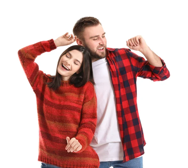 Happy Young Couple Dancing White Background — Stock Photo, Image