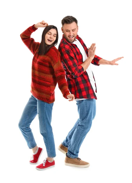 Feliz Joven Pareja Bailando Sobre Fondo Blanco — Foto de Stock