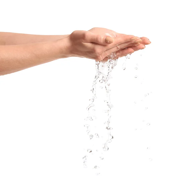 Vrouw Wassen Handen Tegen Witte Achtergrond — Stockfoto