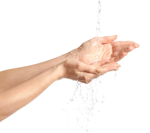 Vrouw Wassen Handen Tegen Witte Achtergrond — Stockfoto