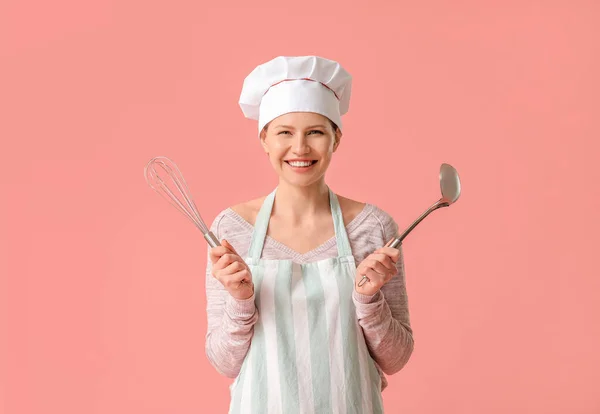 Bella Chef Femminile Sfondo Colore — Foto Stock