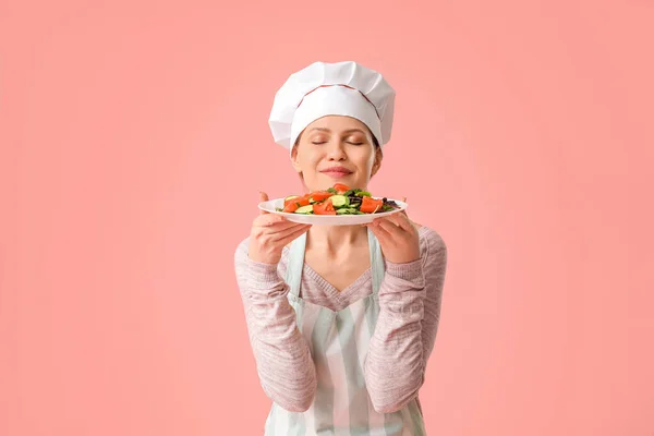 Beautiful Female Chef Salad Color Background — Stock Photo, Image