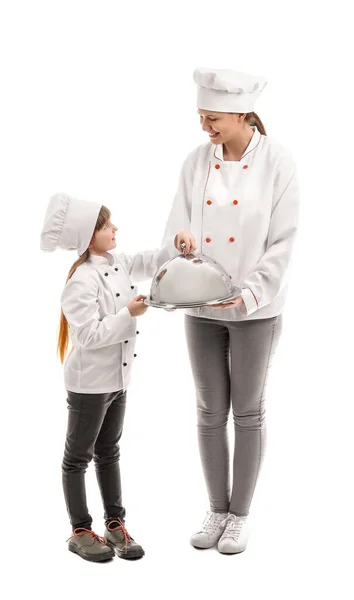 Portrait Female Chef Her Little Daughter White Background — Stock Photo, Image