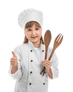 Sevimli küçük şef gösteren başparmak-up beyaz arka plan üzerinde