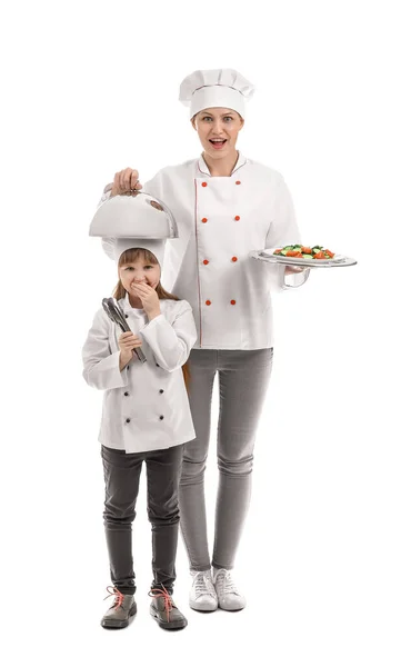 Portrait Female Chef Her Little Daughter White Background — Stock Photo, Image