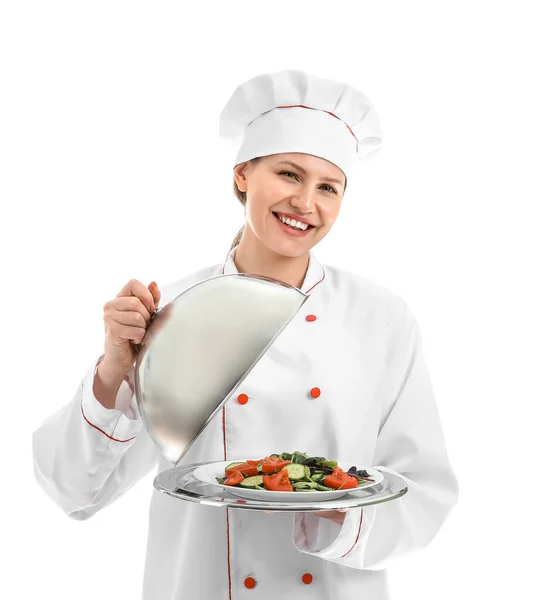 Belo Chef Feminino Com Salada Fundo Branco — Fotografia de Stock