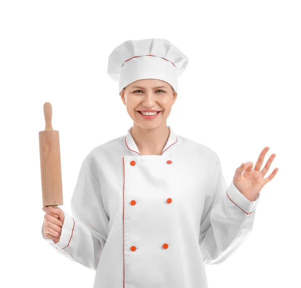 白色背景的漂亮女厨师 — 图库照片