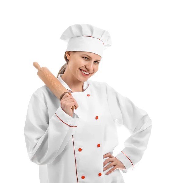 Hermosa Chef Femenina Sobre Fondo Blanco —  Fotos de Stock