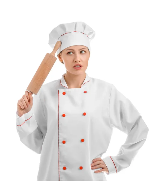 Beautiful Female Chef White Background — Stock Photo, Image