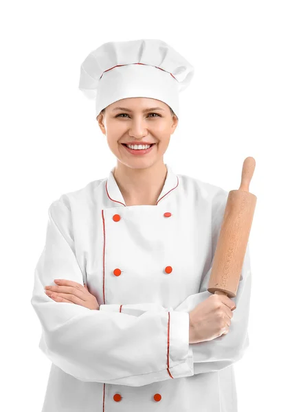 Mooie Vrouwelijke Chef Witte Achtergrond — Stockfoto