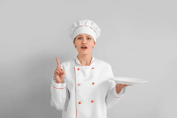 Beautiful Female Chef Light Background — Stock Photo, Image