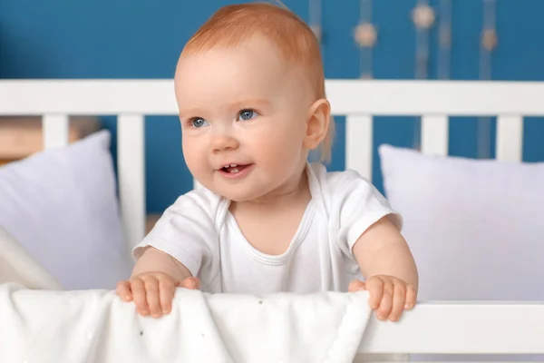 Cute Little Baby Sitting Bed Home — Stock Photo, Image