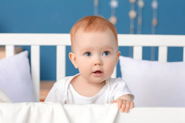 Cute Little Baby Sitting Bed Home — Stock Photo, Image