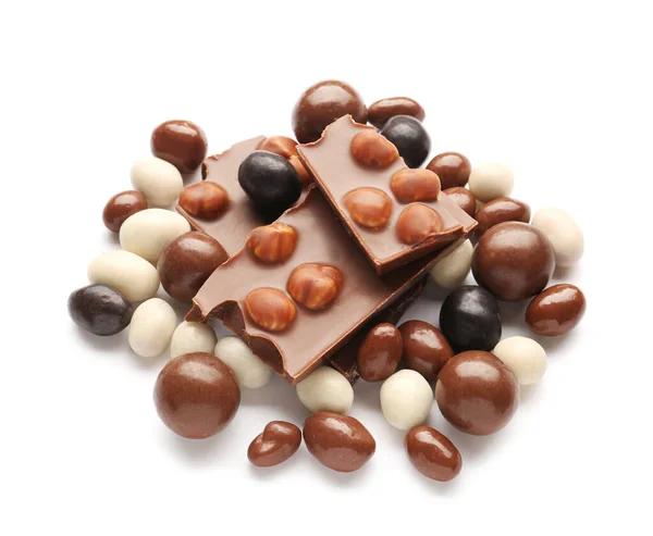 Tasty Chocolate Candies Nuts White Background — Stock Photo, Image