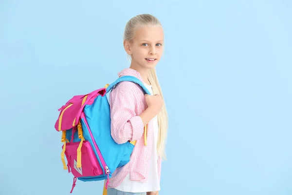 Cute Little Schoolgirl Color Background — Stock Photo, Image