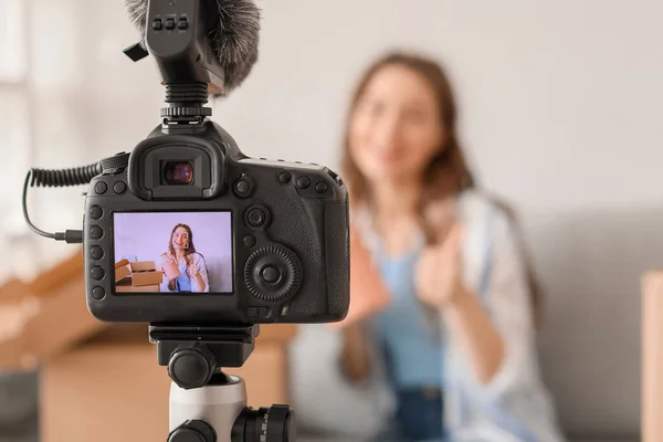 Young Female Blogger Recording Video While Unpacking Parcel Home — Stock Photo, Image